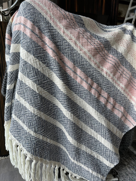 Boho Striped Blanket #7 - Natural/Navy/Rose